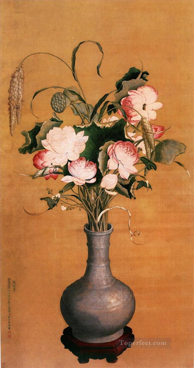 ラング輝く花古い中国のインク ジュゼッペ カスティリオーネの花の装飾油絵